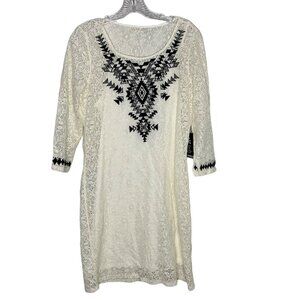 Express Ivory Lace Overlay Sheath Embroidered Tribal Aztec Print Dress Size M​